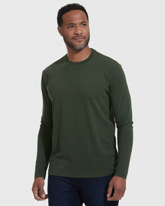 True ClassicDark Olive Classic Long Sleeve Crew Neck modeled with jeans.