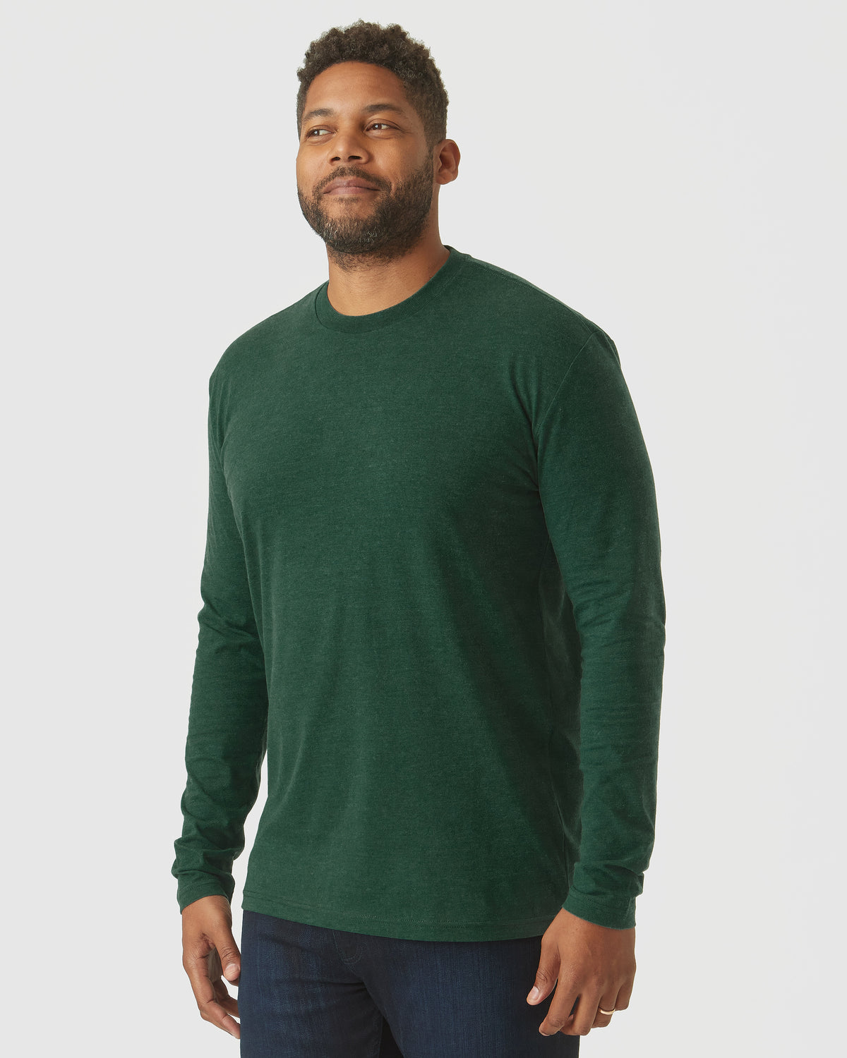 Ever Green Heather Long Sleeve T Shirt on man with jeans.