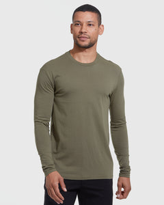 True ClassicModel wearing The Versatile Crew 9-Pack's olive-green long-sleeve tee.