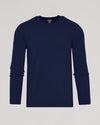 Navy Dressy Crew Neck Sweater, soft, slim-fit, laid flat.