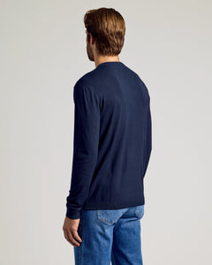 True ClassicMan wearing Navy Dressy Crew Neck Sweater, showcasing slim fit from behind.