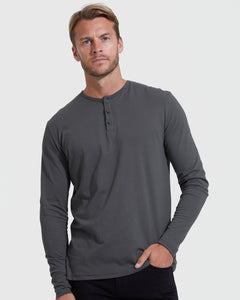 True ClassicMan wearing The Timeless Classic Long Sleeve Henley in charcoal-gray.
