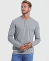 Model wears The Timeless Classic Long Sleeve Henley, showcasing fit and style.