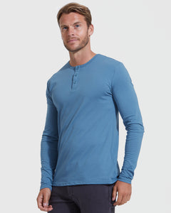 True ClassicMan in Indigo Classic Long Sleeve Henley facing camera.