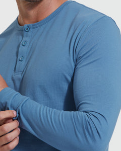 True ClassicIndigo Classic Long Sleeve Henley worn, sleeve cuff adjusted.