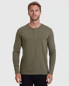 True ClassicMan wearing Military Green Classic Long Sleeve Henley facing forward.