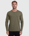 Man wearing Military Green Classic Long Sleeve Henley facing forward.
