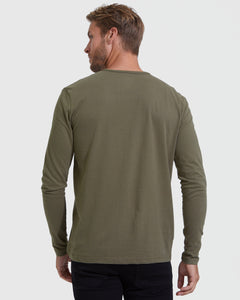 True ClassicMan in Military Green Classic Long Sleeve Henley, back view.
