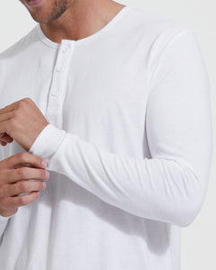 True ClassicWhite Classic Long Sleeve Henley worn, sleeve adjusted.