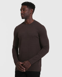 True ClassicDark Oak Waffle Long Sleeve Crew Neck modeled by a man.