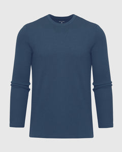 True ClassicDeep Sea Blue Long Sleeve Waffle Crew in textured knit fabric.