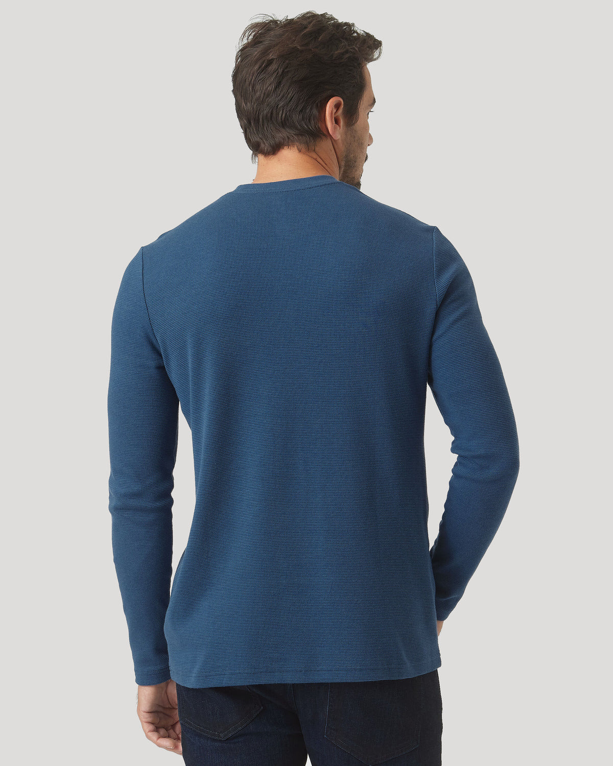 Back view of Deep Sea Blue Long Sleeve Waffle Crew on man.