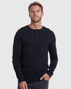 True ClassicBlack Waffle Long Sleeve Henley on male model, neutral background.