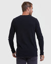 Man wearing a black waffle knit long sleeve henley shirt from the Black Waffle Long Sleeve Henley 3-Pack, shown from the back with a fitted casual style.