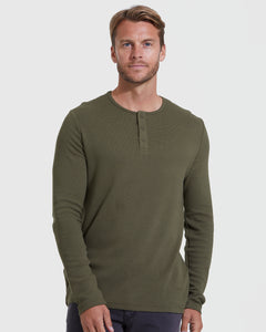 True ClassicMan wearing The Staple Long Sleeve Henley, olive-green, waffle-textured.