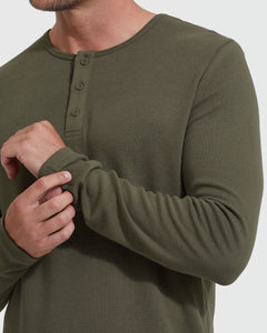 True ClassicMilitary Green Waffle Long Sleeve Henley with button placket and cuff adjustment.