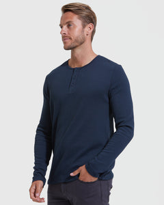 True ClassicNavy Waffle Long Sleeve Henley worn by man.