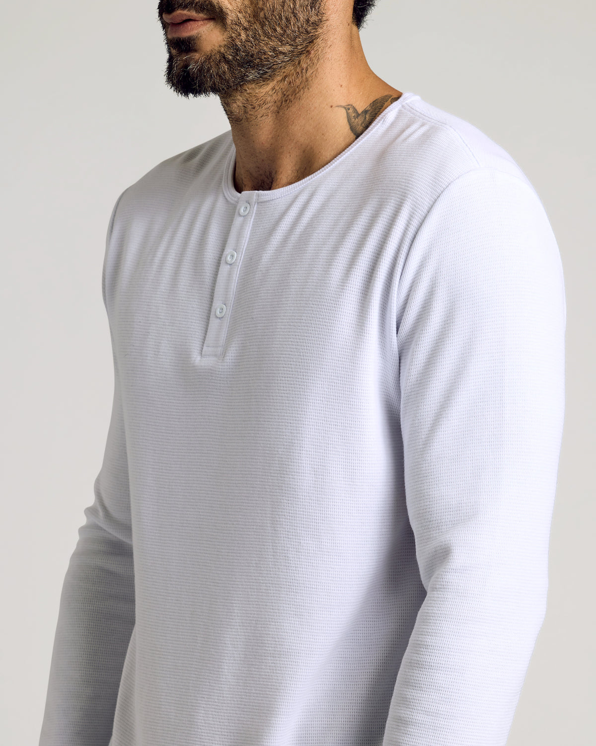 White Waffle Long Sleeve Henley, waffle-knit, three-button, bearded man wearing.