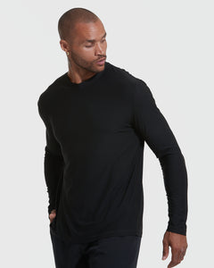 True ClassicAll Black Active Long Sleeve Crew T-Shirt 3-Pack modeled by a man wearing a black crew neck shirt for active men's basics fitness and everyday wear