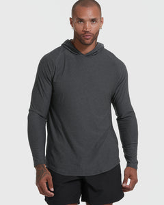 True ClassicMan in Charcoal Heather Gray Active Hoodie and black athletic shorts.