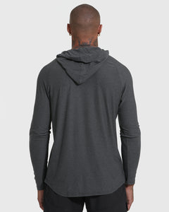 True ClassicMan wearing Charcoal Heather Gray Active Hoodie, back view, hood flat.