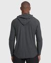 Man wearing Charcoal Heather Gray Active Hoodie, back view, hood flat.