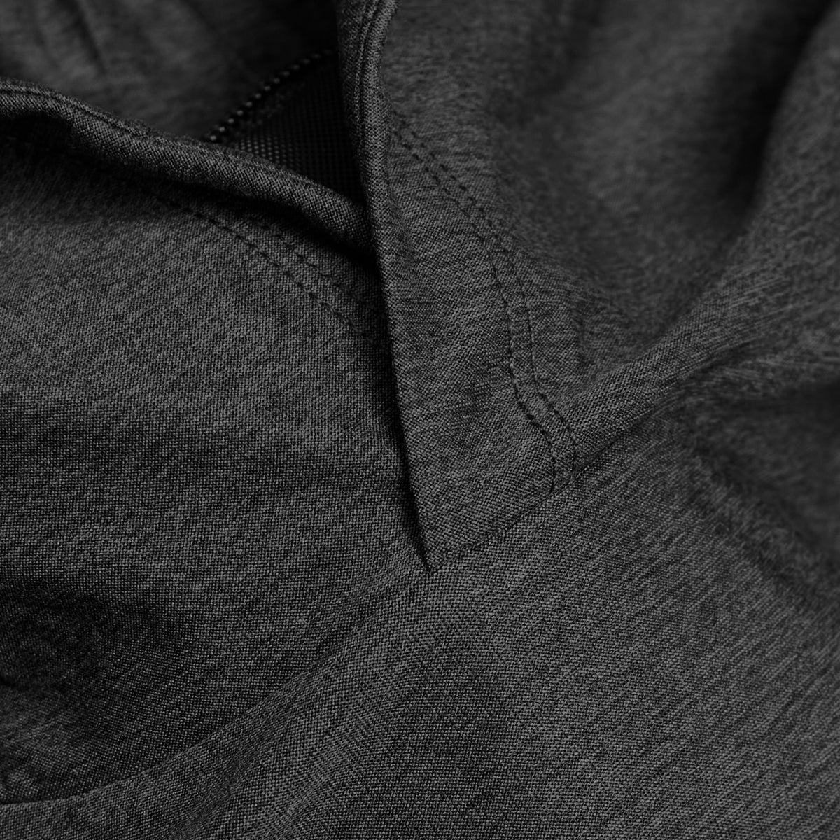 Charcoal Heather Gray Active Hoodie fabric with seams and top-stitching.