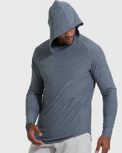 True ClassicMan wears Heather Navy Active Hoodie with hood up, paired with light shorts.