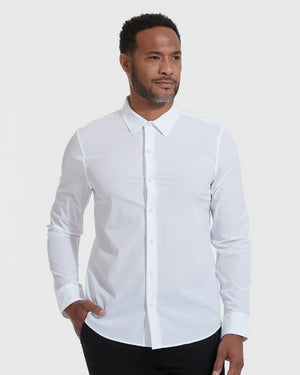 White Commuter Long Sleeve Shirt on model, showcasing slim fit and classic style.