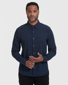 True ClassicNavy Lightweight Dress Shirt worn by model, showcasing slim fit.