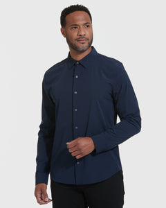 True ClassicMan wearing Navy Lightweight Dress Shirt with dark pants, showcasing style and comfort.