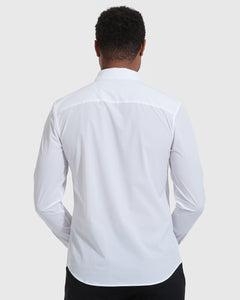 True ClassicWhite Lightweight Dress Shirt on man, back view, showcasing slim fit.