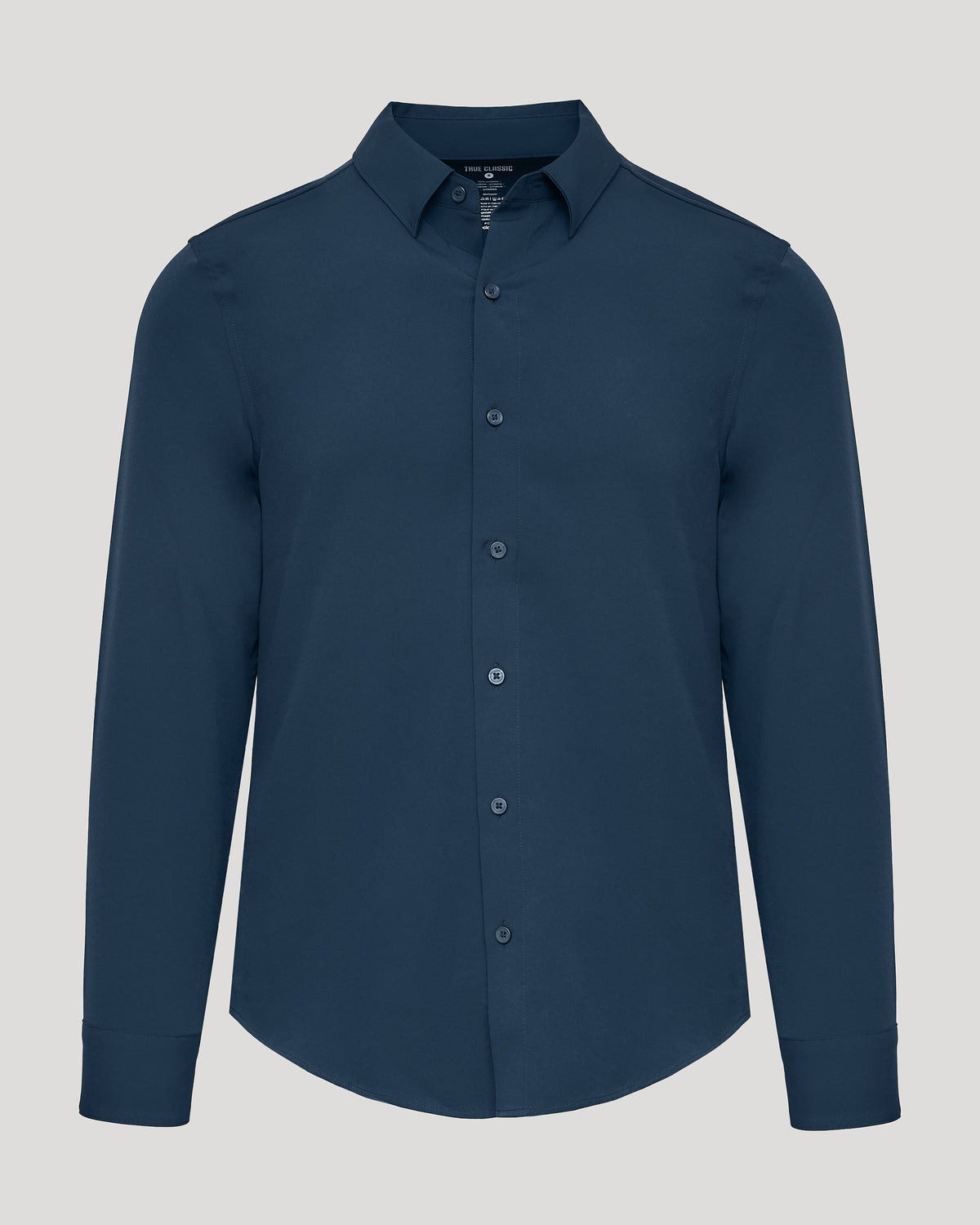 Navy Performance Long Sleeve Dress Shirt with a tailored fit, classic collar, and smooth fabric, ideal for men's basics and versatile occasions.
