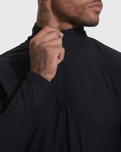 True ClassicBlack Active Quarter Zip Shirt showcasing hand on zipper, tattooed neck.