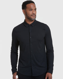 True ClassicModel wearing Black Long Sleeve Do-It-All Comfort Shirt with button-front.