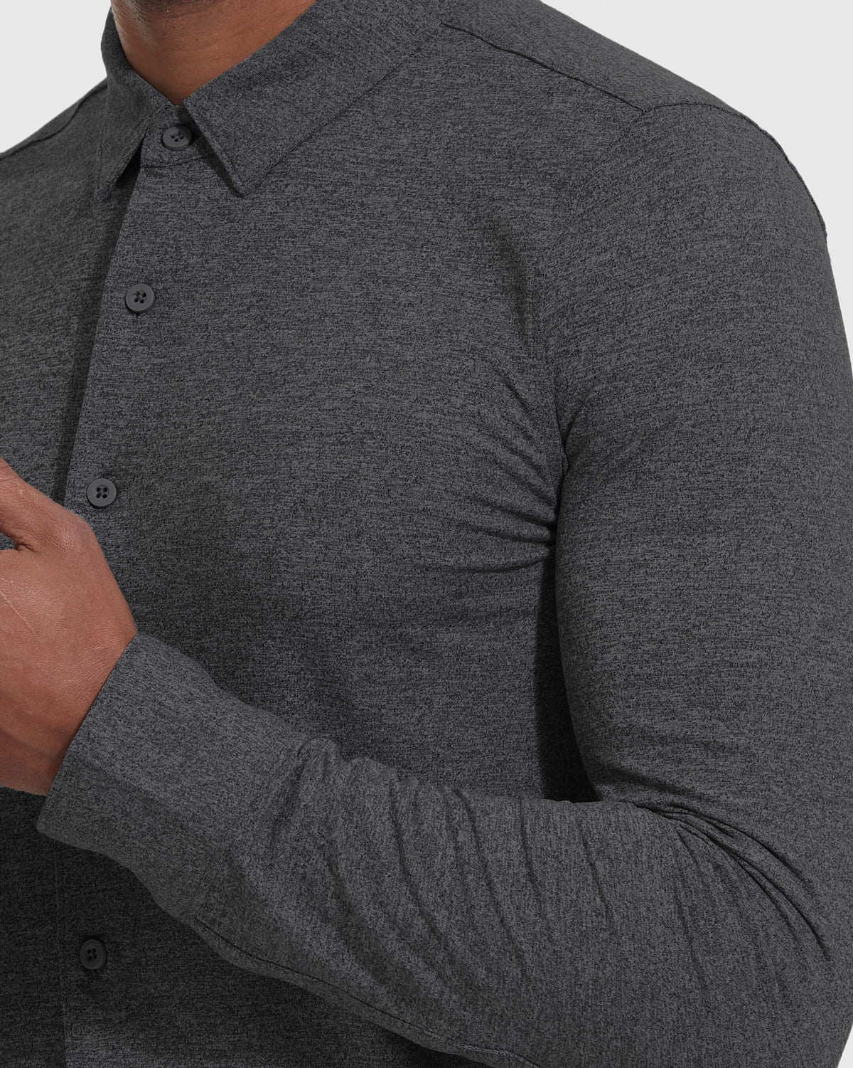 Charcoal Heather Long Sleeve Gray Do-It-All Comfort Shirt close-up showcasing its texture.