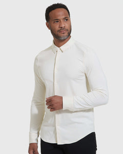 True ClassicEcru Long Sleeve Do-It-All Comfort Shirt modeled with black trousers.