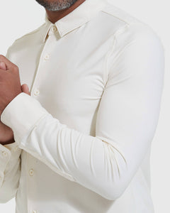 True ClassicEcru Long Sleeve Do-It-All Comfort Shirt with visible buttons and cuffs.