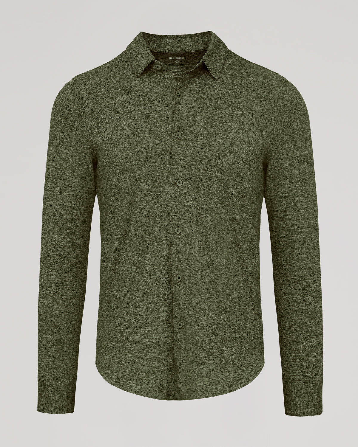 Dark Heather Military Green Long Sleeve Do-It-All Comfort Shirt with button front.
