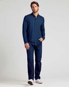 True ClassicMan wearing a navy blue shirt and pants on a light gray background
