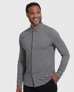 True ClassicMan in Heather Gray Long Sleeve Do-It-All Comfort Shirt, smiling confidently.