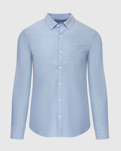 True ClassicBanker Blue Stretch Oxford Long Sleeve Shirt with collar buttons and chest pocket.
