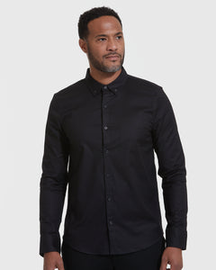 True ClassicBlack Stretch Oxford Long Sleeve Shirt modeled with a slim fit.