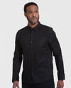 Black Stretch Oxford Long Sleeve Shirt worn by male model.