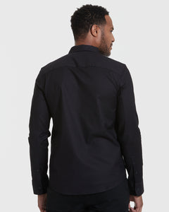 True ClassicBlack Stretch Oxford Long Sleeve Shirt, back view on model, showcasing fit.