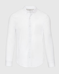 True ClassicWhite Stretch Oxford Long Sleeve Button Up Shirt on gray background.