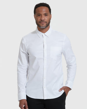 White Stretch Oxford Long Sleeve Button Up Shirt on male model.