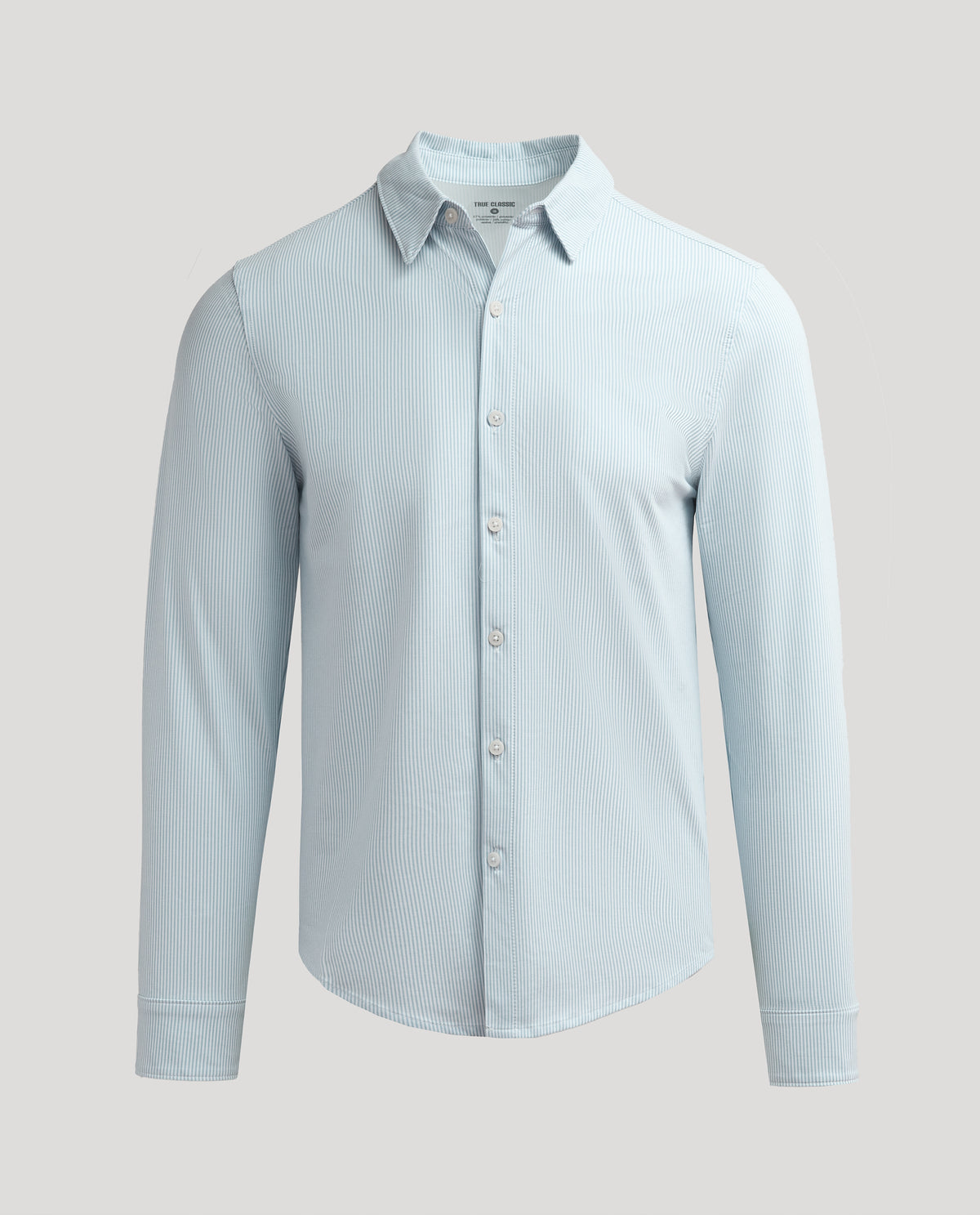 Juniper Stripe Classic Stretch Oxford 2.0 laid flat, showcasing pin-stripes.