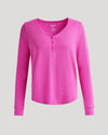 Women's Electric Fuchsia Waffle Long Sleeve Boxy Henley with button placket.