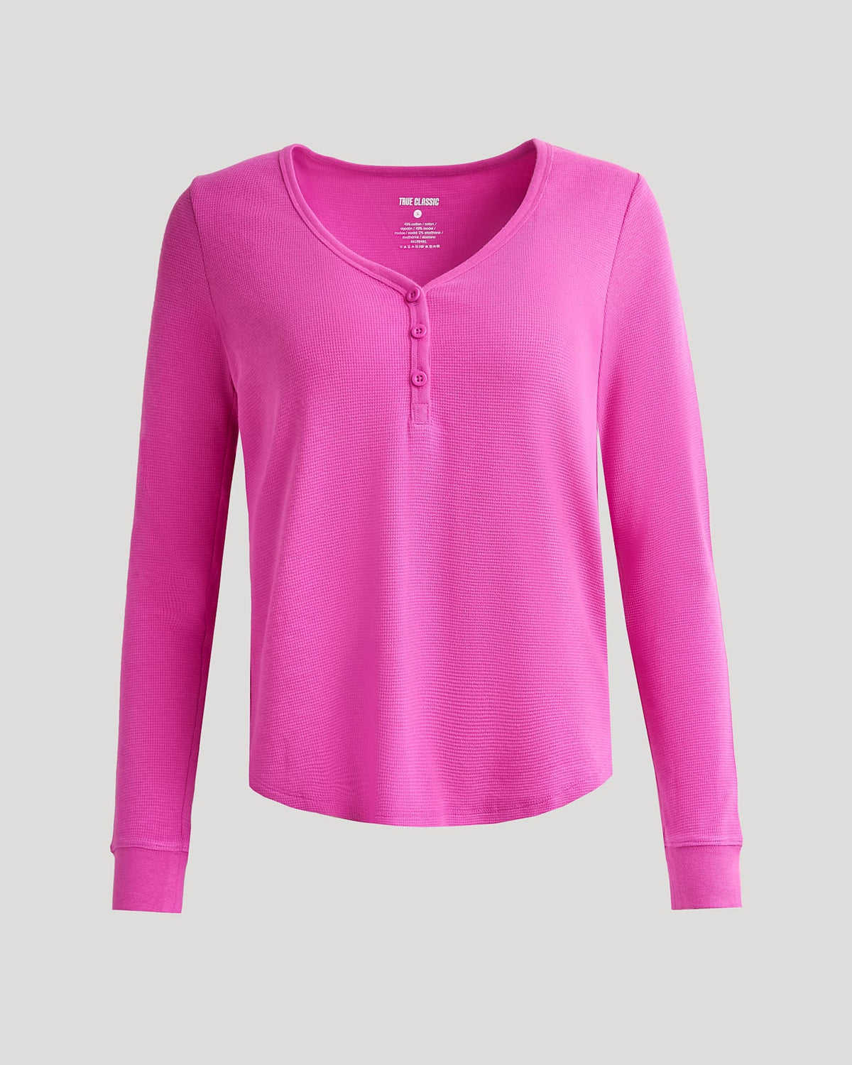 Women's Electric Fuchsia Waffle Long Sleeve Boxy Henley with button placket.